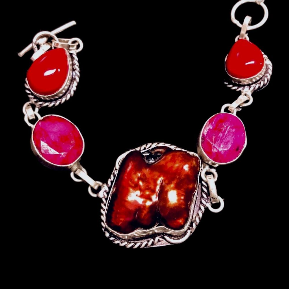 Biwa Pearl, Simulated Ruby & Coral Bracelet – Boho-Chic Statement Jewelry